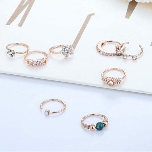 20G 316L Stainless Steel Rose Gold and Cubic Zirconia Nose Hoop Rings - Set of 8 - Picture 3 of 6